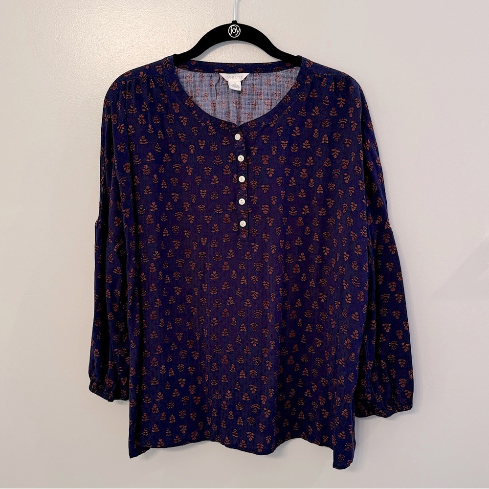 Caslon | Women’s Shirred Popover Top | Size XL | Navy Peacoat Block Print
